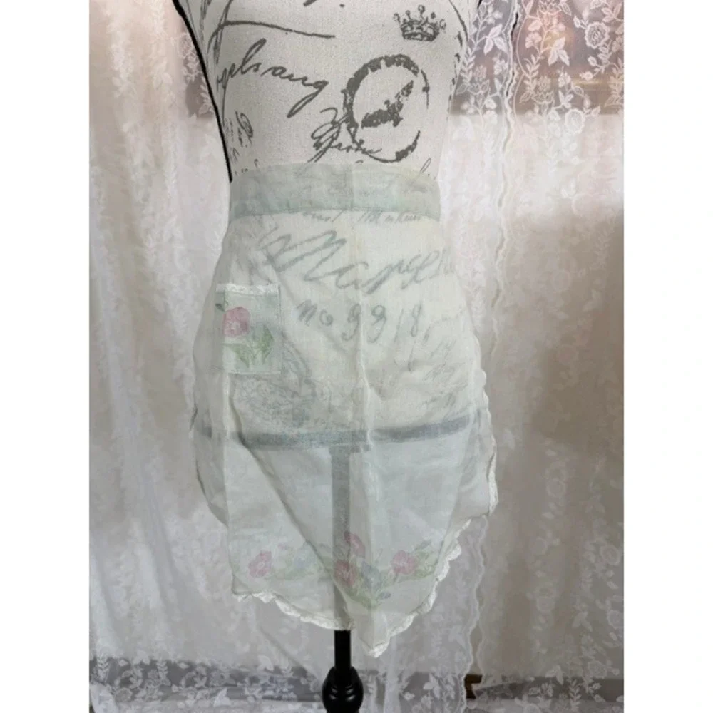 Vintage Sheer Green Floral Half Apron Lace Trim Pocket Cottagecore Retro Tea